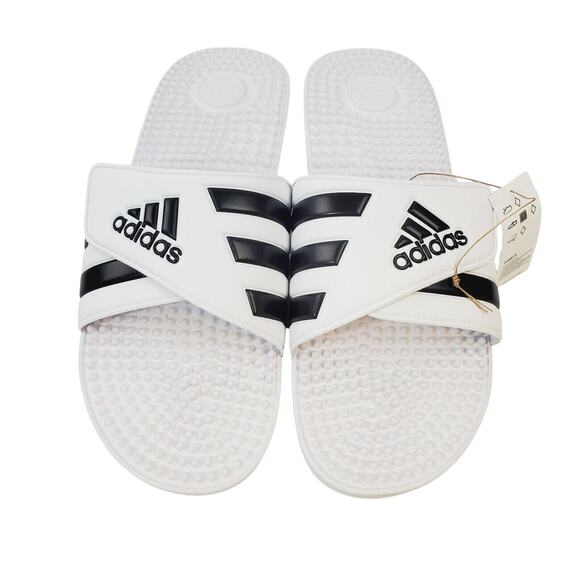 Adidas Unisex Adissage Slides Sandal White & Black Striped US Men's 17 New Pool - Picture 1 of 7